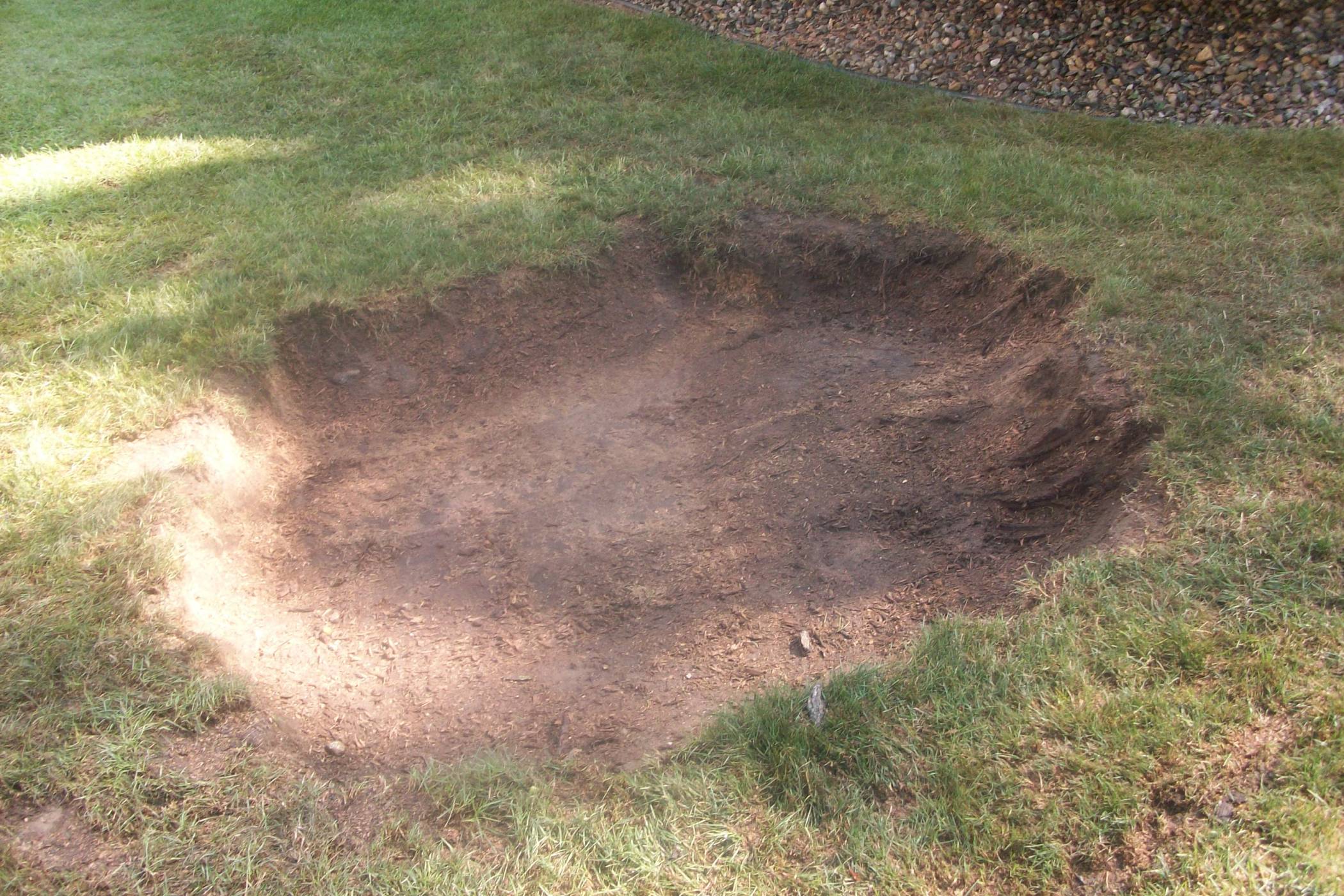 Shallow hole in the ground after tree stump removal has been completed.